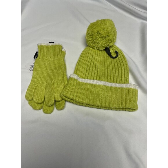 Crayola Kids Striped Pom Pom Beanie Hat & Knit Gloves Girls Size 6-14 Lime New - Picture 2 of 4